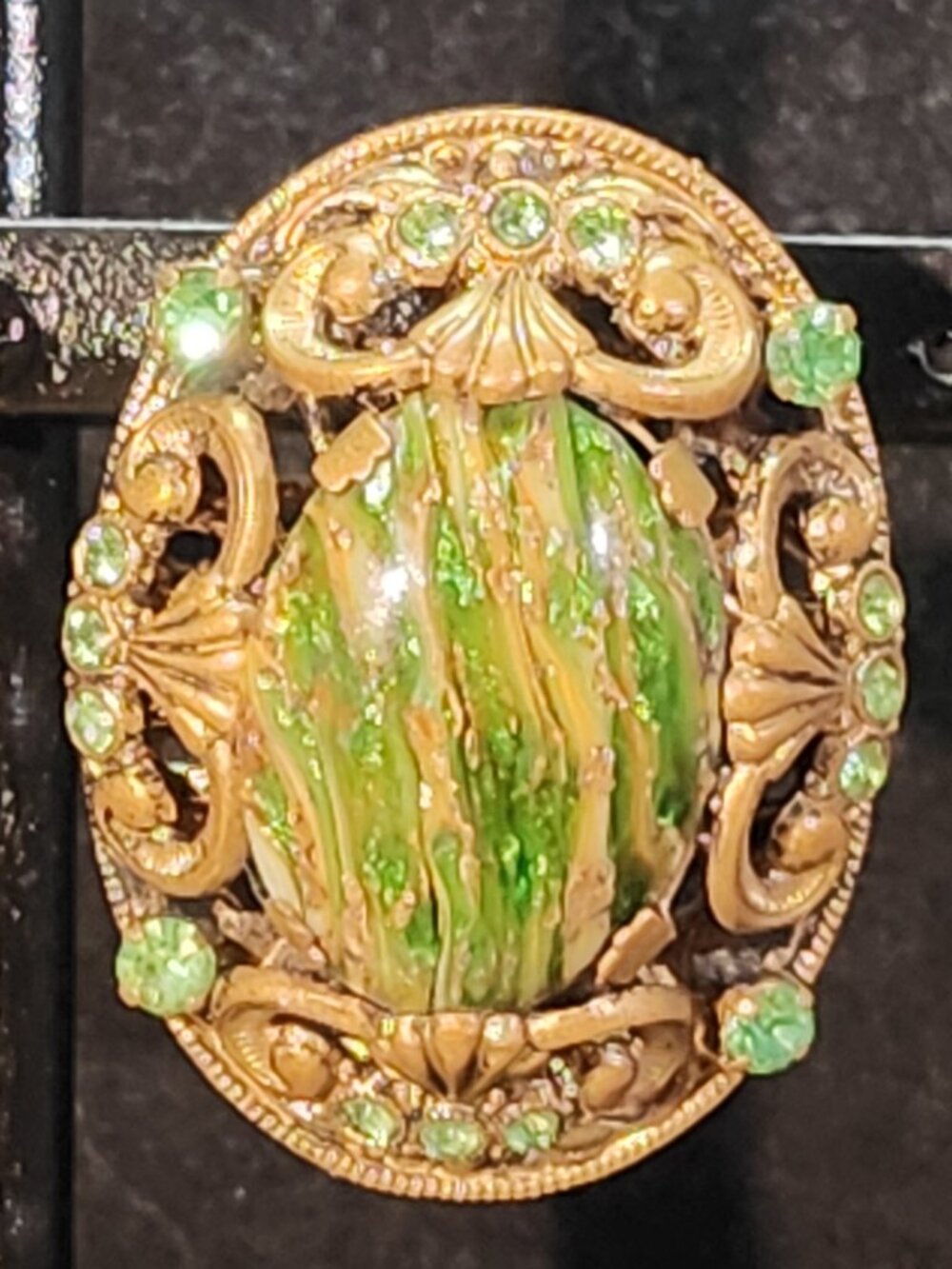 Vintage East Germany Green Art Glass & Rhinestone Statement Brooch